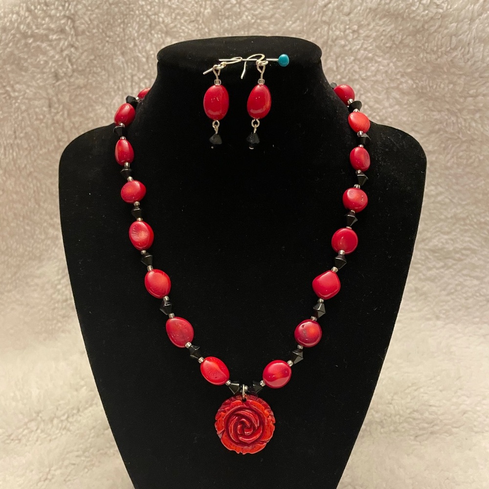 Red And Black Hand made necklace with earrings